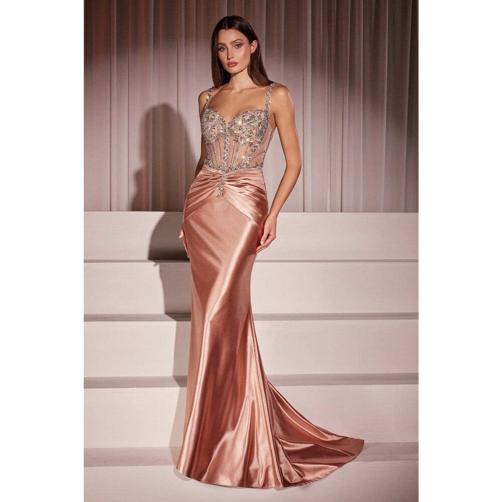 NWT Ladivine CD757 Evening Gown Dress Women Size 0 Rose Gold Satin Beaded Glam